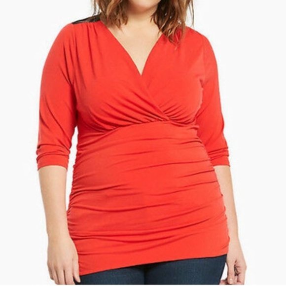 torrid Tops - Torrid Red Ruched Top With Black Lace Detail